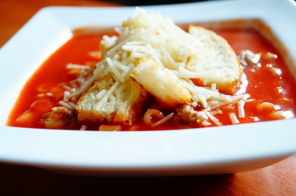 Spaghetti and Meatball Soup with Garlic Bread Croutons