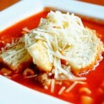 Spaghetti and Meatball Soup with Garlic Bread Croutons