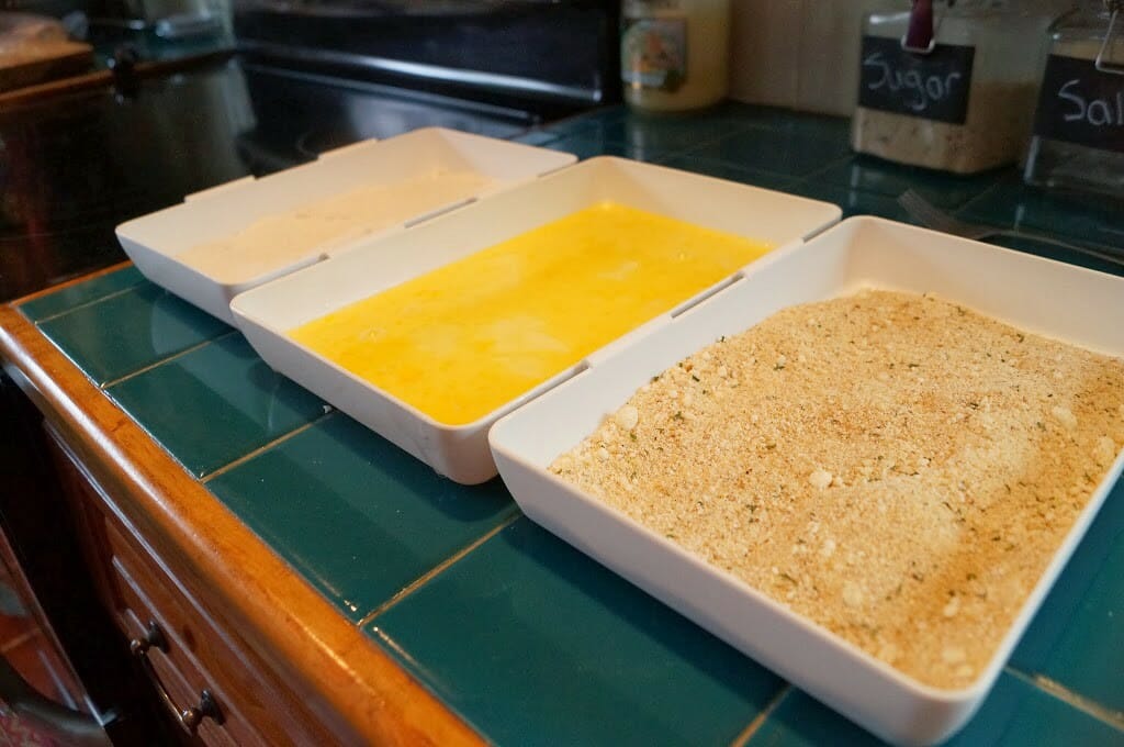 These breading trays are from Pampered Chef and are one of my favorite kitchen tools. I highly recommend them.