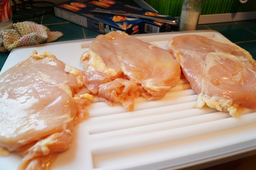 The chicken once it is pounded down. These are gigantic!