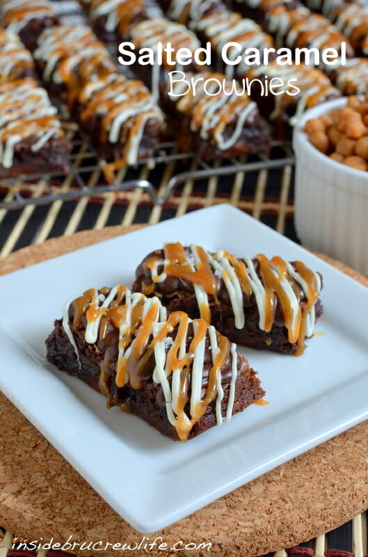 Salted Caramel Brownies - decadent brownies with caramel candies inside and salted caramel and chocolate on top https://www.insidebrucrewlife.com Salted Caramel Brownies - decadent brownies with caramel candies inside and salted caramel and chocolate on top https://www.insidebrucrewlife.com