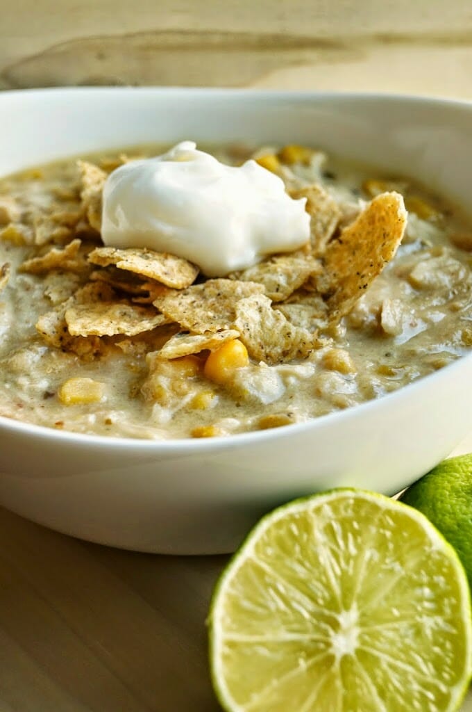 Crockpot White Chicken Chili with a lime garnish