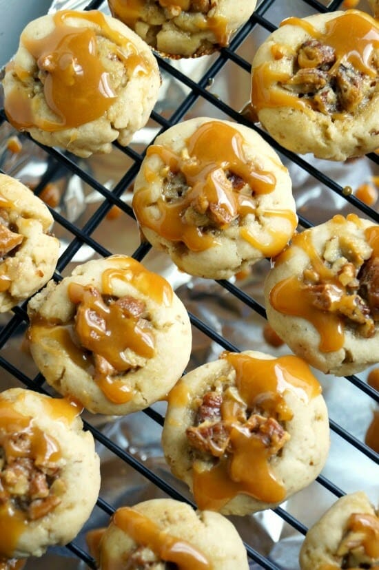 Pecan Pie Thumbprint Cookies cooling on the tray