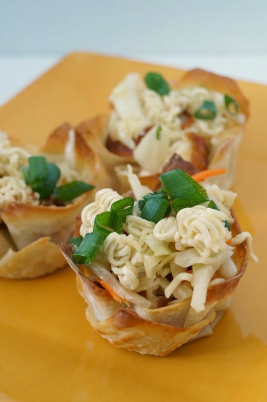 General Tso Wonton Cups with Crunchy Ramen Salad served and ready!