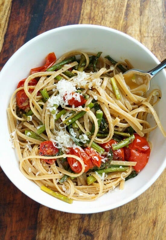 Roasted Asparagus and Tomato Pasta with Toasted Breadcrumbs, Garlic, and Olive Oil