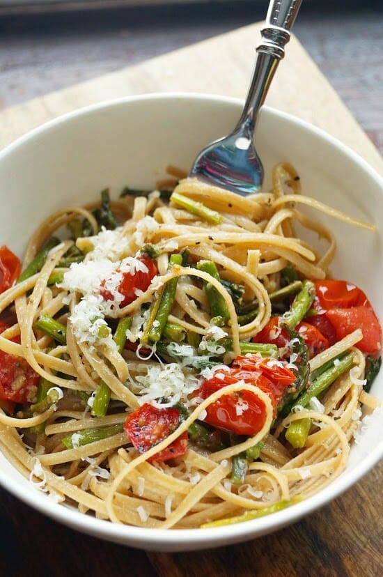 Roasted Asparagus and Tomato Pasta with Toasted Breadcrumbs, Garlic, and Olive Oil
