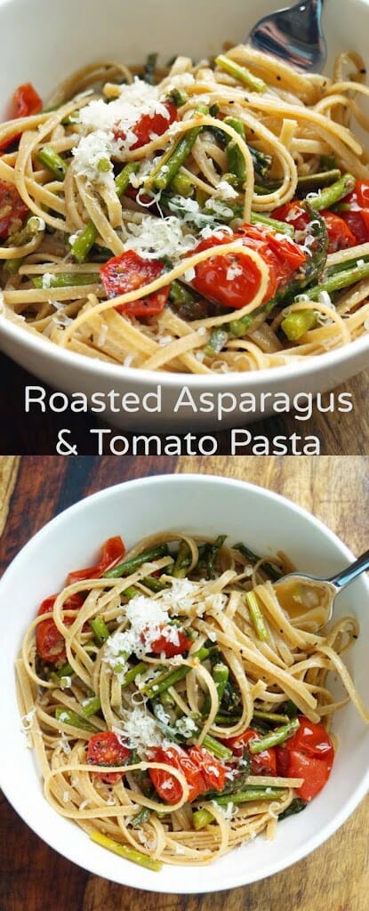 Roasted Asparagus and Tomato Pasta with Toasted Breadcrumbs, Garlic, and Olive Oil