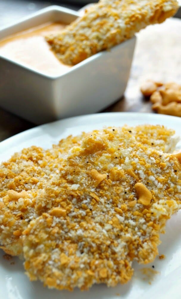 Cheddar Crusted Chicken Fingers with dipping sauce