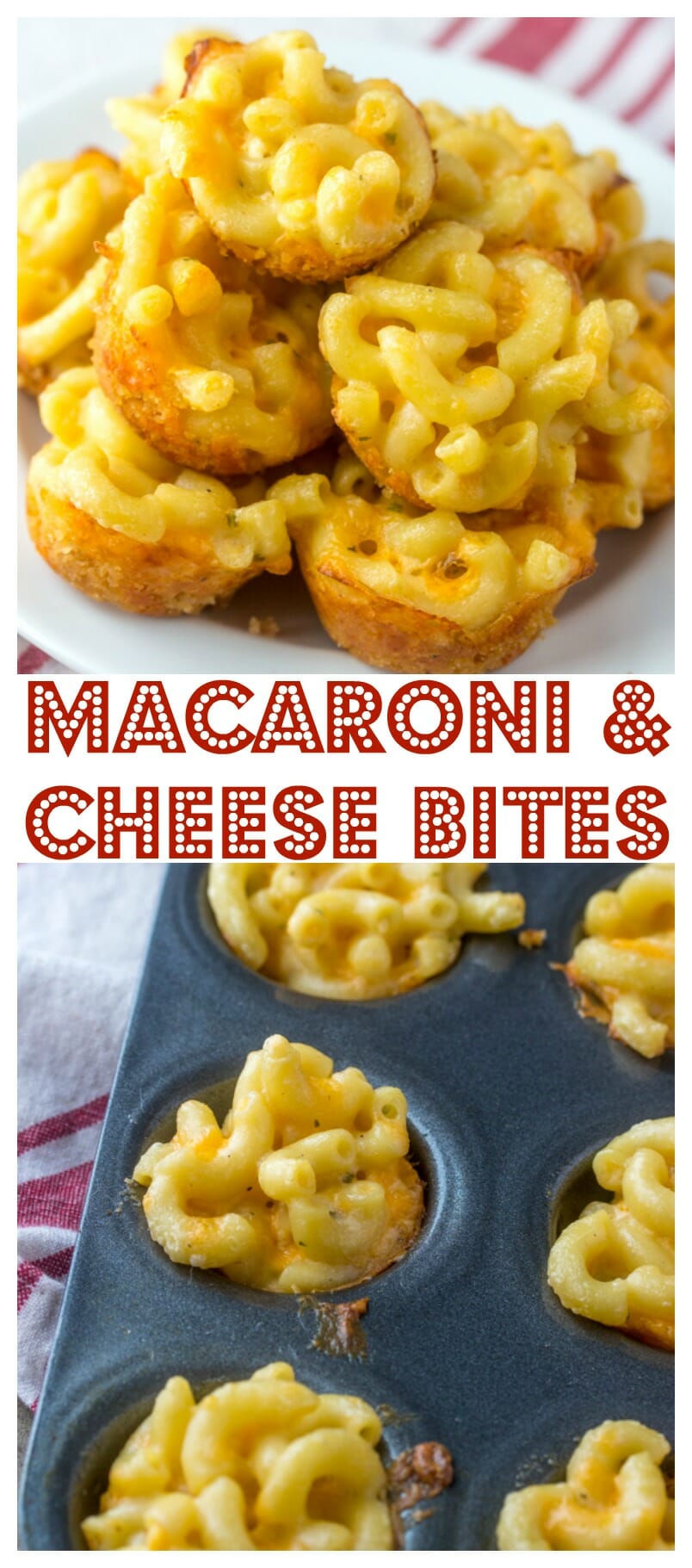 Mini Macaroni and Cheese Bites, everyone's favorite side dish recipe in appetizer form! Perfect for the Super Bowl or any sports party!