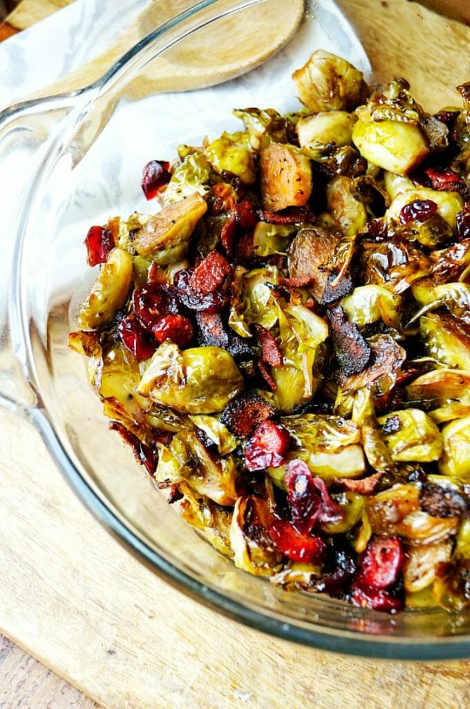 Maple Balsamic Roasted Brussel Sprouts with Bacon and Cranberries