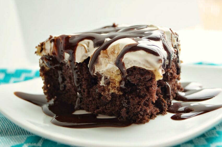 Chocolate Peanut Butter Pie Poke Cake