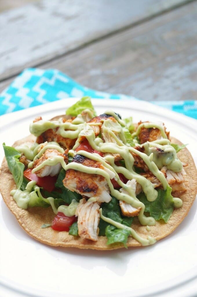 Grilled Chipotle Chicken Tostadas topped with cool Avocado Cream! A great summer grilled dinner! #ad #kingofflavor