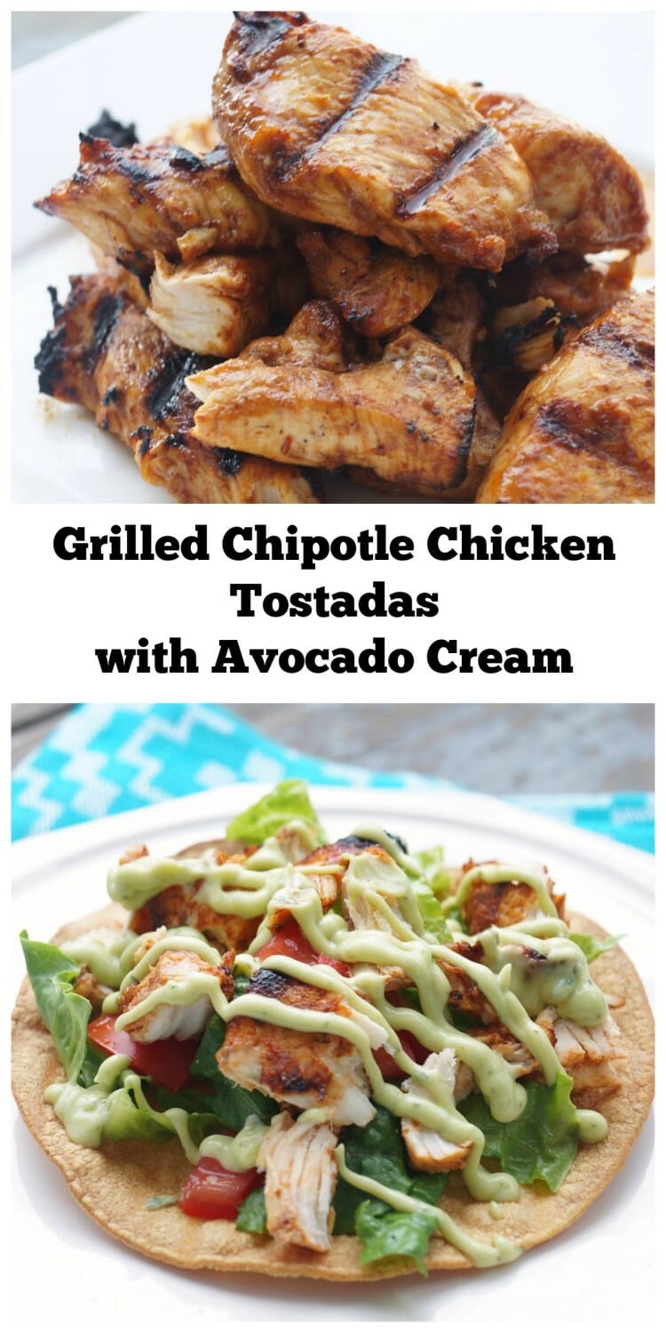 Grilled Chipotle Chicken Tostadas topped with cool Avocado Cream! A great summer grilled dinner! #ad #kingofflavor