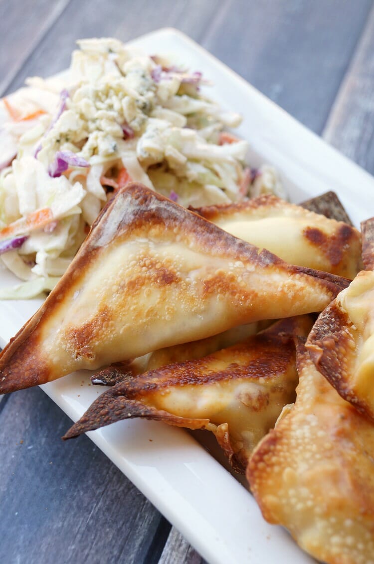 Baked Buffalo Chicken Rangoons with Creamy Ranch Slaw