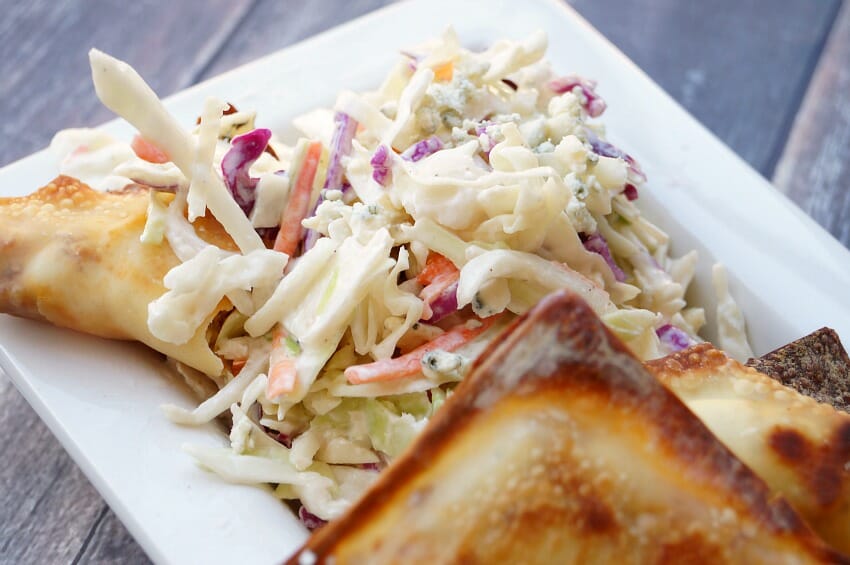 Baked Buffalo Chicken Rangoons with Creamy Ranch Slaw