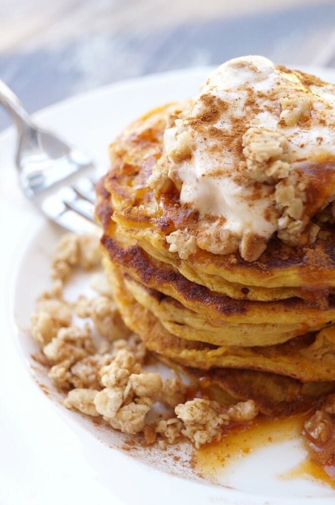 Pumpkin Pancakes with Gingersnap Granola and Pumpkin Spice Yogurt Topping