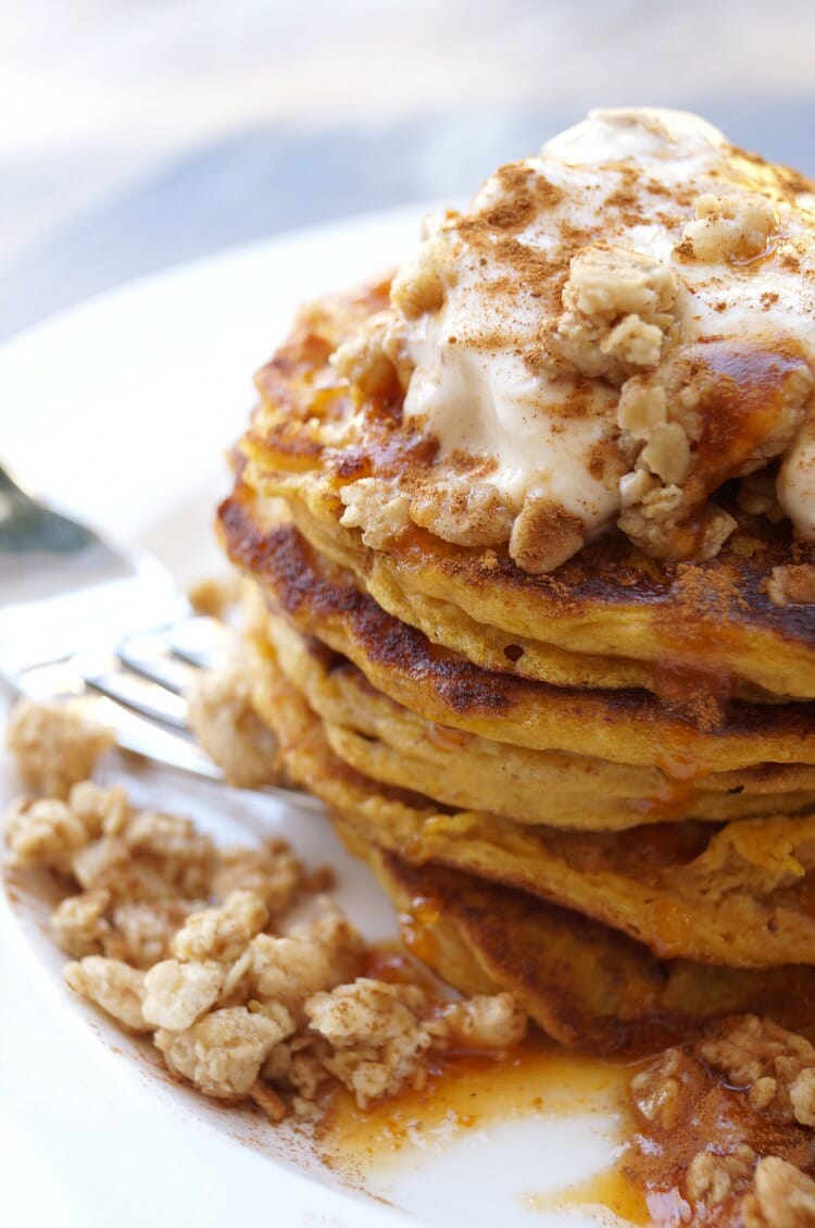 Pumpkin Pancakes with Gingersnap Granola and Pumpkin Spice Yogurt Topping