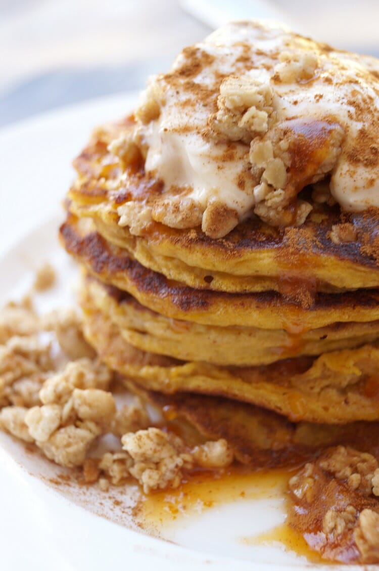 Pumpkin Pancakes with Gingersnap Granola and Pumpkin Spice Yogurt Topping