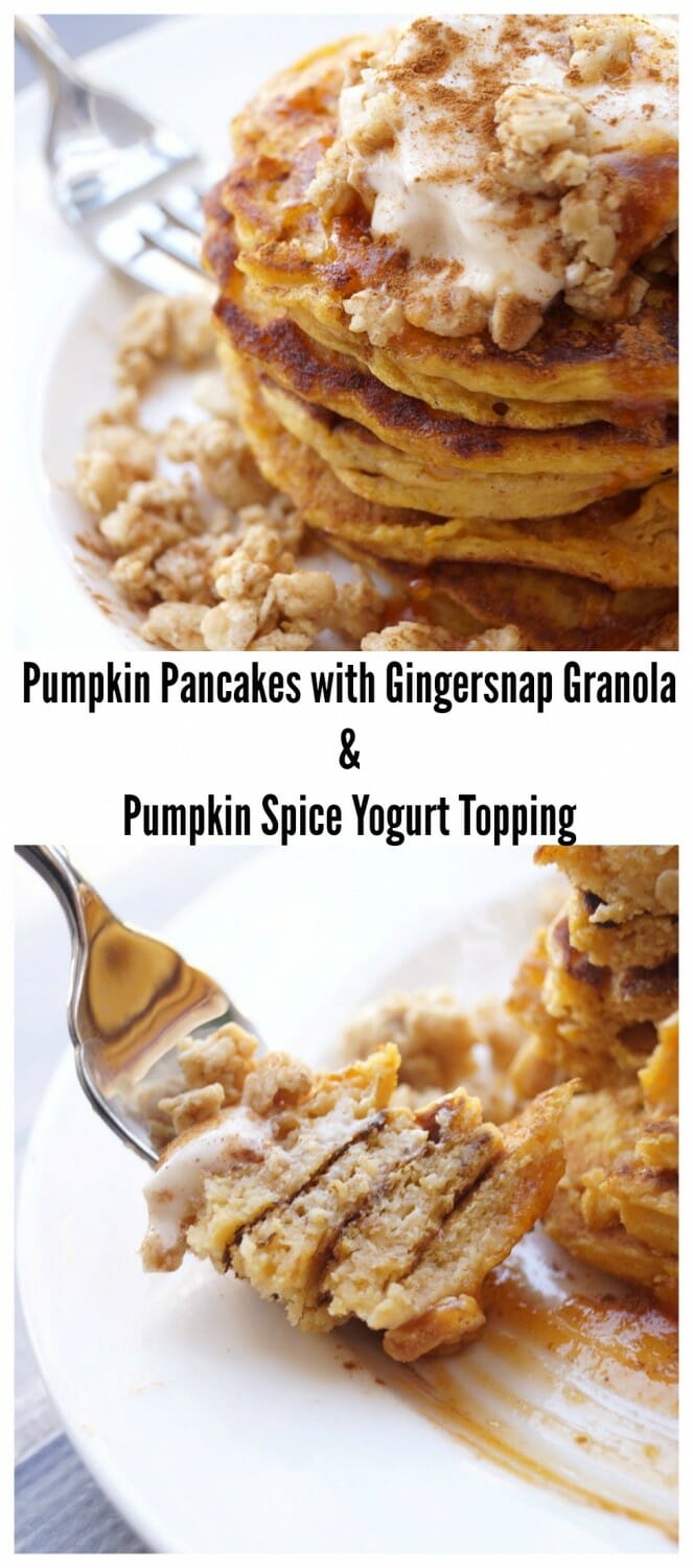 Pumpkin Pancakes with Gingersnap Granola and Pumpkin Spice Yogurt Topping