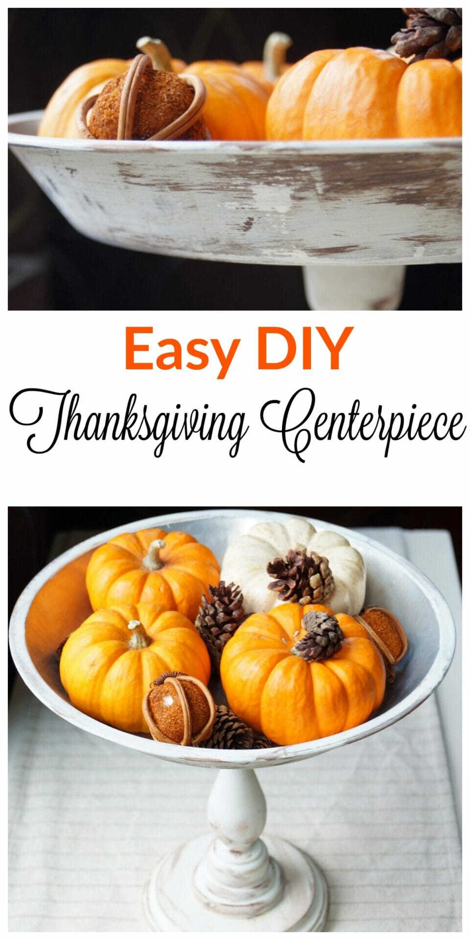 Easy DIY Thanksgiving Centerpiece made from an old pie pan and a candle stick!