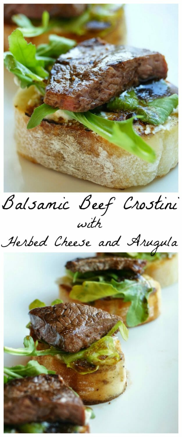 Balsamic Beef Crostini with Herbed Cheese and Arugula