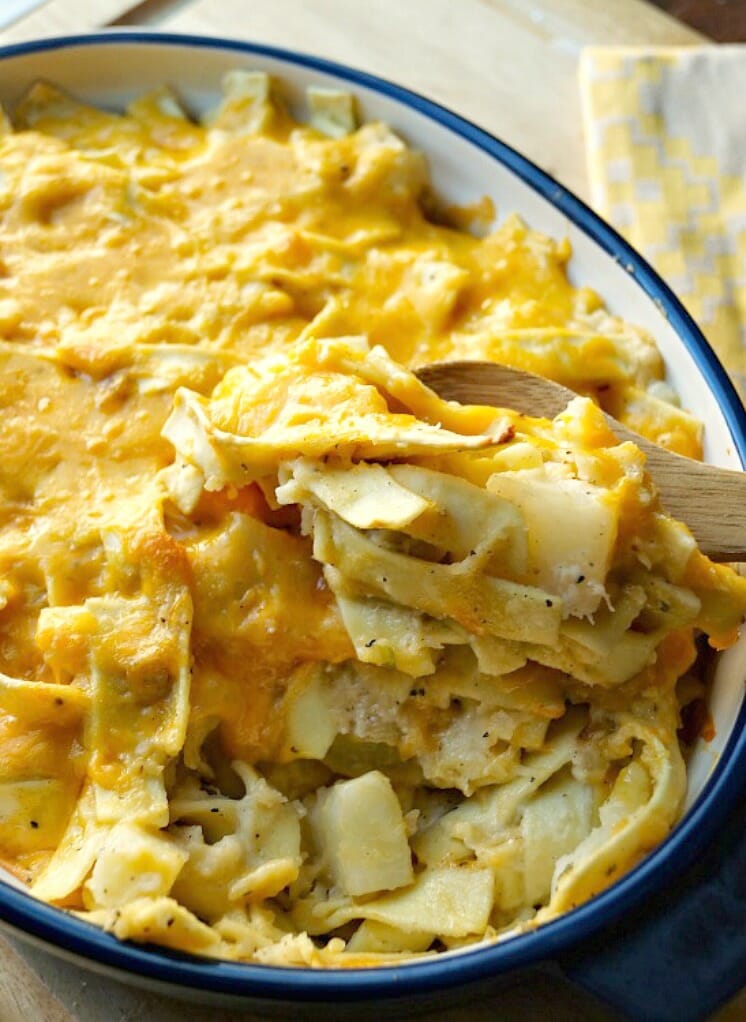Pierogi Casserole: Layers of pasta, cheese, potatoes, and onions are cooked until bubbly! The perfect meatless meal! 