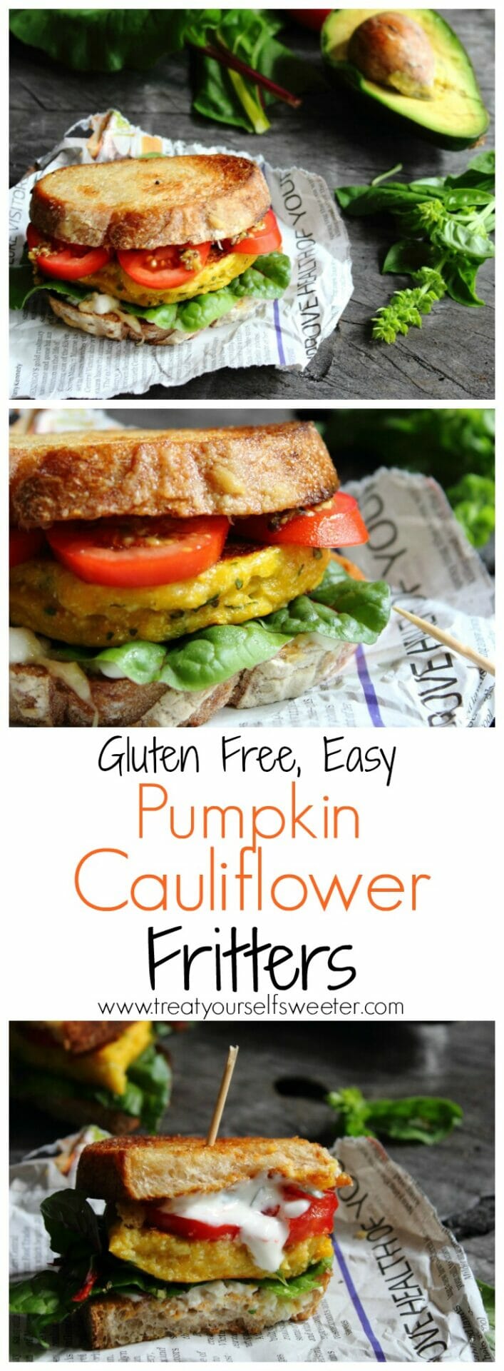 Pumpkin Cauliflower Fritters; cheesy fritters that are crisp on the outside and soft on the inside. Perfect by themselves with veggies or salad and awesome as a veggie burger