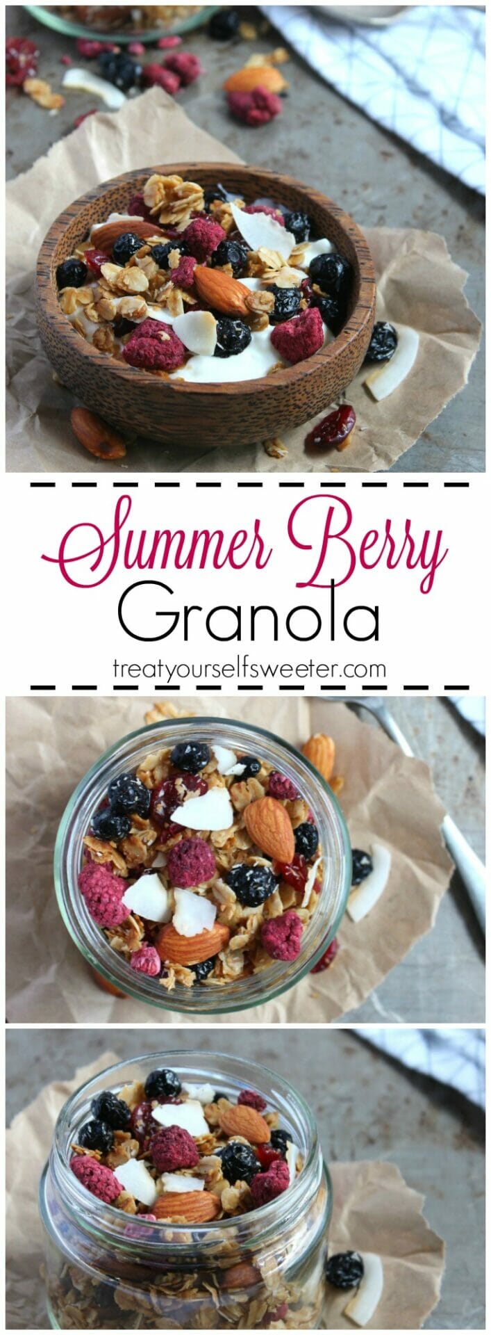 Toasted Summer Berry Granola; crispy, crunchy, sweet summer berry granola with oats and coconut. So delicious, you'll want to eat it by the handful!