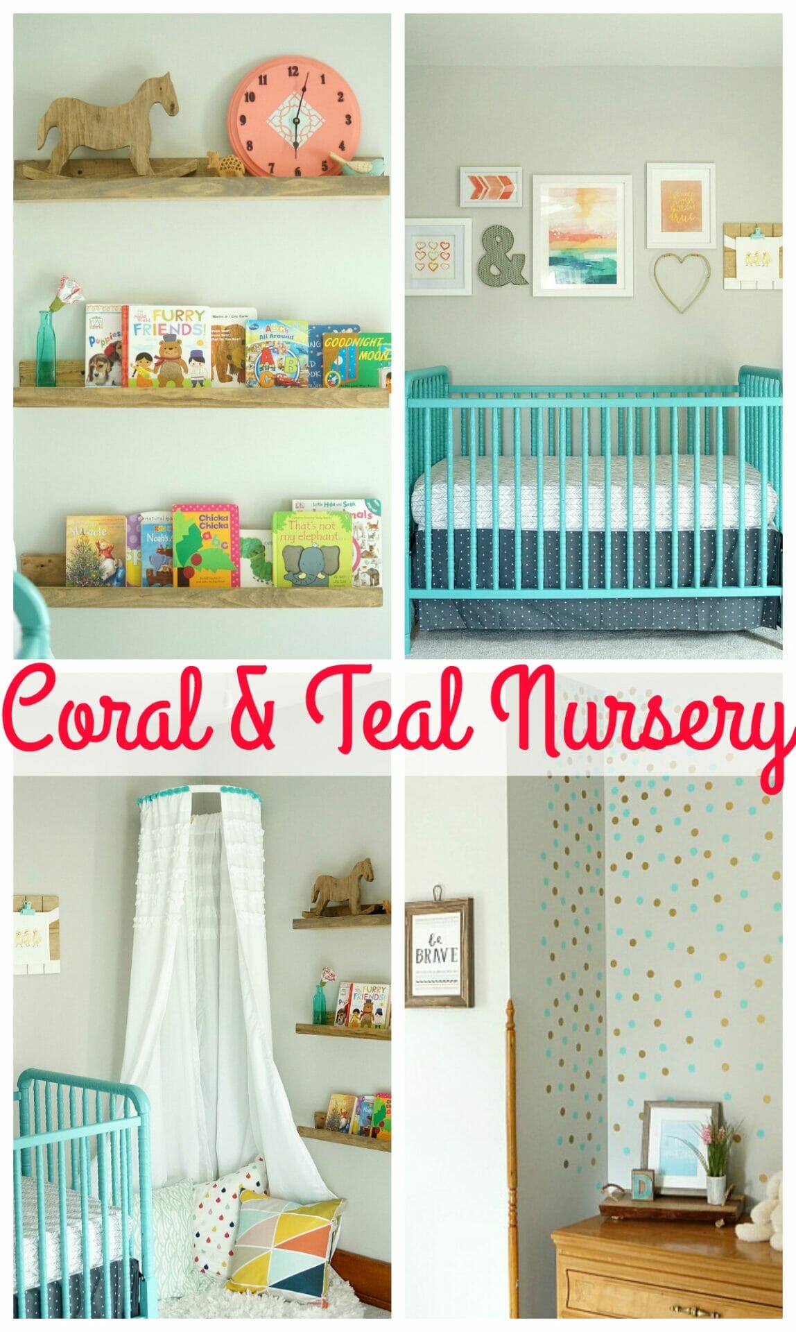 Bright and Colorful Coral and Teal Nursery with Polka Dot Wall, Gallery Wall, DIY Canopy, and Book Display