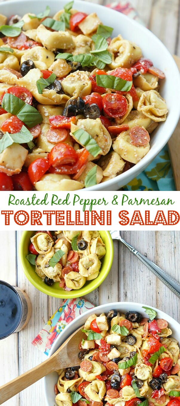 Roasted Red Pepper and Parmesan Tortellini Salad, a perfect summer side dish recipe that's a kicked up version of the classic pasta salad recipe!