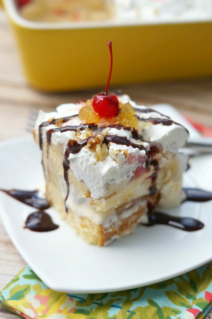No Bake Frozen Banana Split Cake