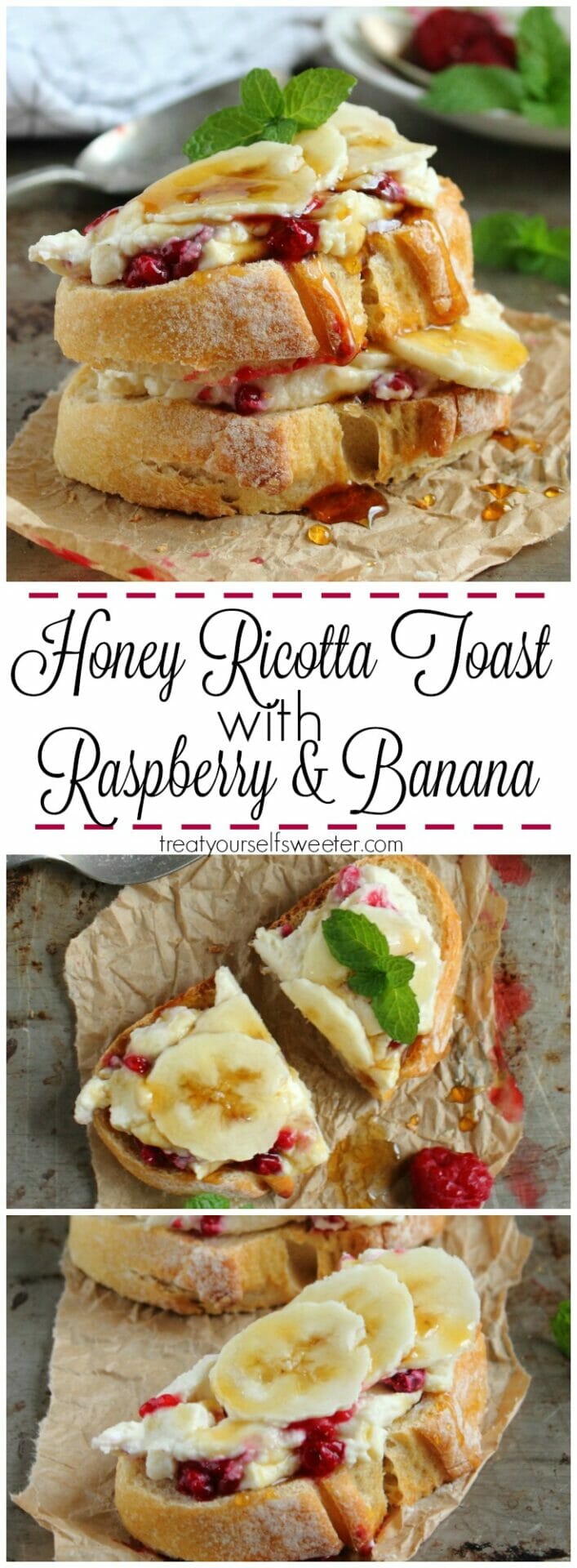Honey Ricotta Toast with Raspberries and Banana; crunchy toast smothered with creamy, sweet honey ricotta, raspberries and banana. Quick, easy & perfect for brunch!