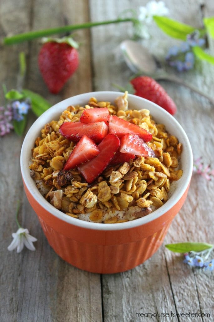 Pumpkin Spice Granola; crunchy granola with a hint of pumpkin, fall spices and sweetness of maple syrup. Perfect for brunch or a seasonal gift.