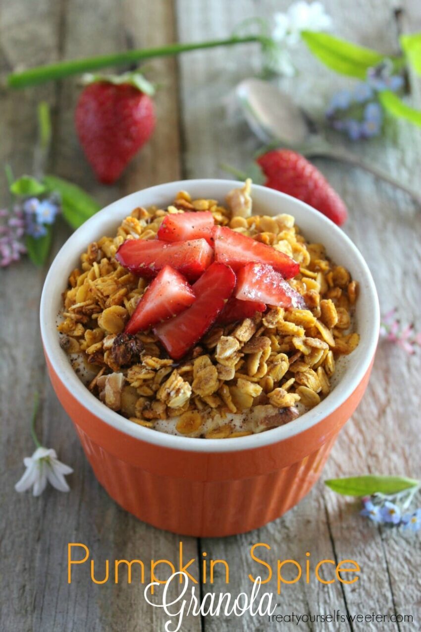 Pumpkin Spice Granola; crunchy granola with a hint of pumpkin, fall spices and sweetness of maple syrup. Perfect for brunch or a seasonal gift.