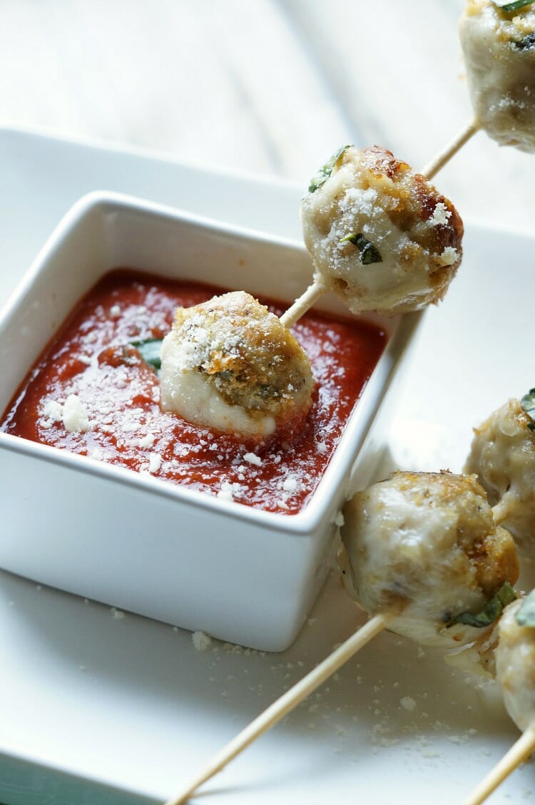 Chicken Parmesan Meatball Skewers