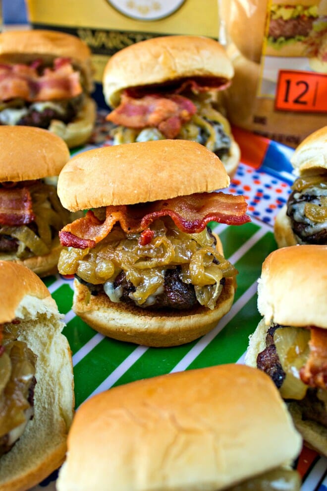 Bacon and Gruyere Sliders with Beer Caramelized Onions