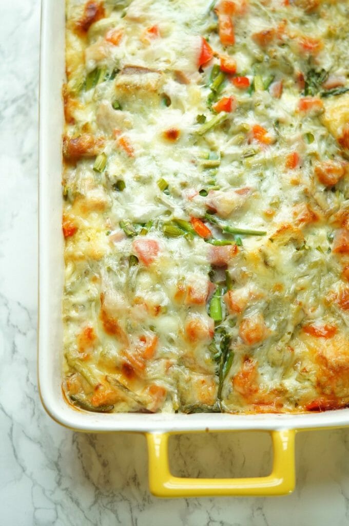Ham and Asparagus Strata with Red Peppers and Swiss 