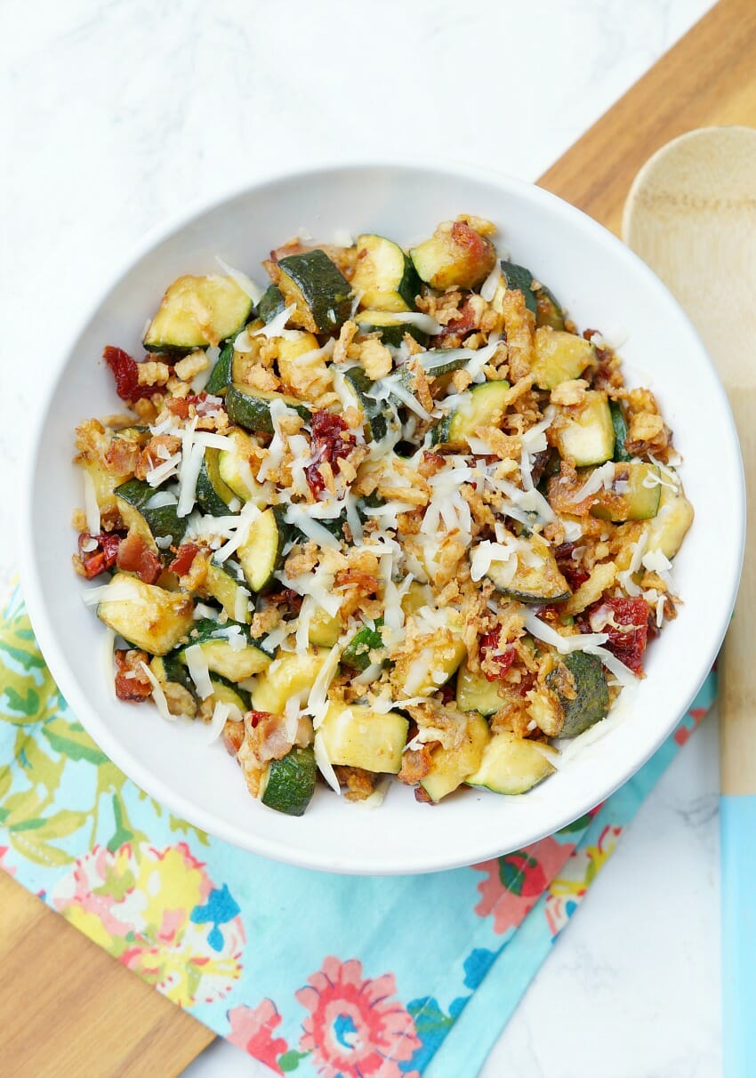 The Best Zucchini with Sun Dried Tomato, Bacon, and Crispy Onions Recipe