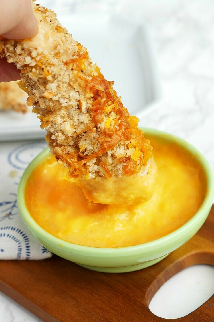 Pretzel Crusted Chicken Tenders with Sriracha Cheddar Sauce 