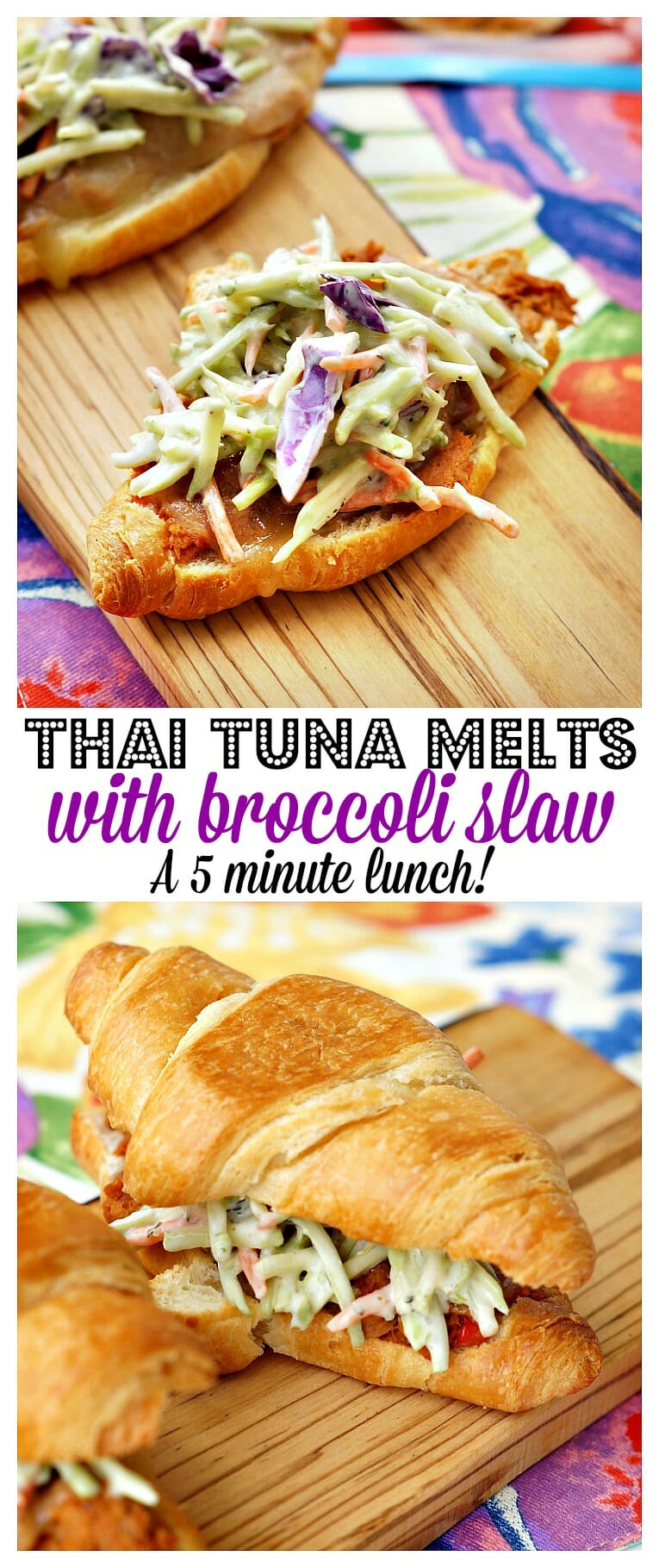 Thai Tuna Melts are a delicious take on the classic tuna melt! Served with broccoli slaw on an croissant, this lunch idea only takes 5 minutes to make!