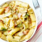 Shredded Brussels Sprouts with Bacon over Rigatoni