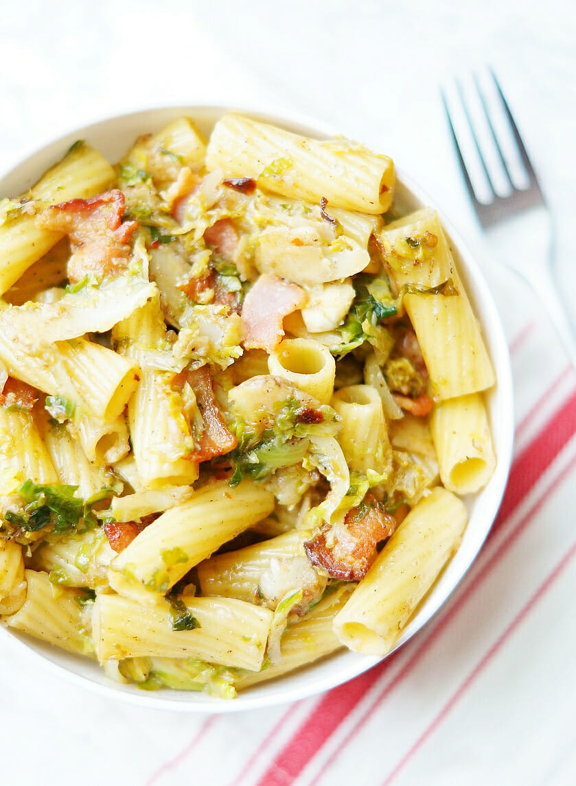 Shredded Brussels Sprouts with Bacon over Rigatoni