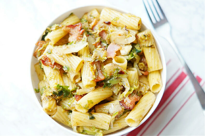 Shredded Brussels Sprouts and Bacon Rigatoni 