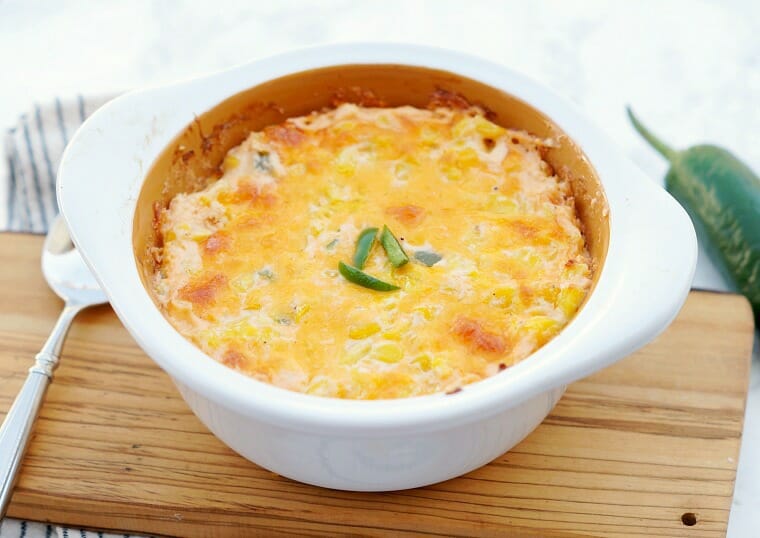 Spicy Cheddar Corn Casserole in serving dish