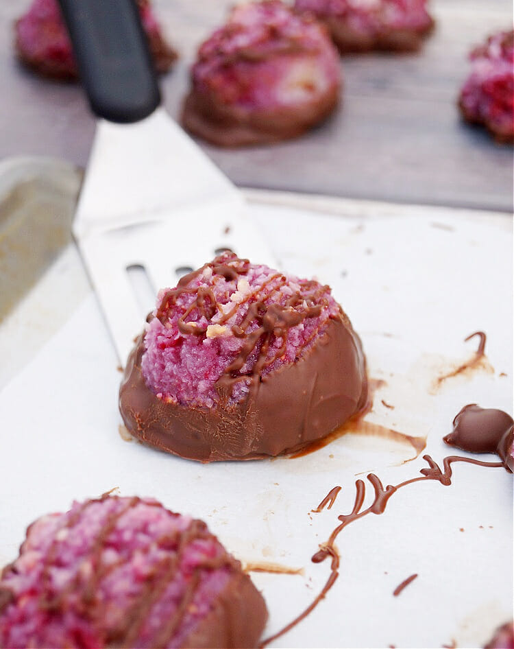 Chocolate Dipped Raspberry Coconut Macaroon