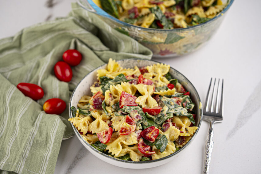 Delicious, refreshing BLT summer pasta salad recipe ready to eat