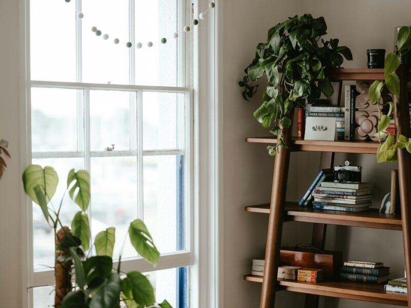 a room with a book shelf and a window