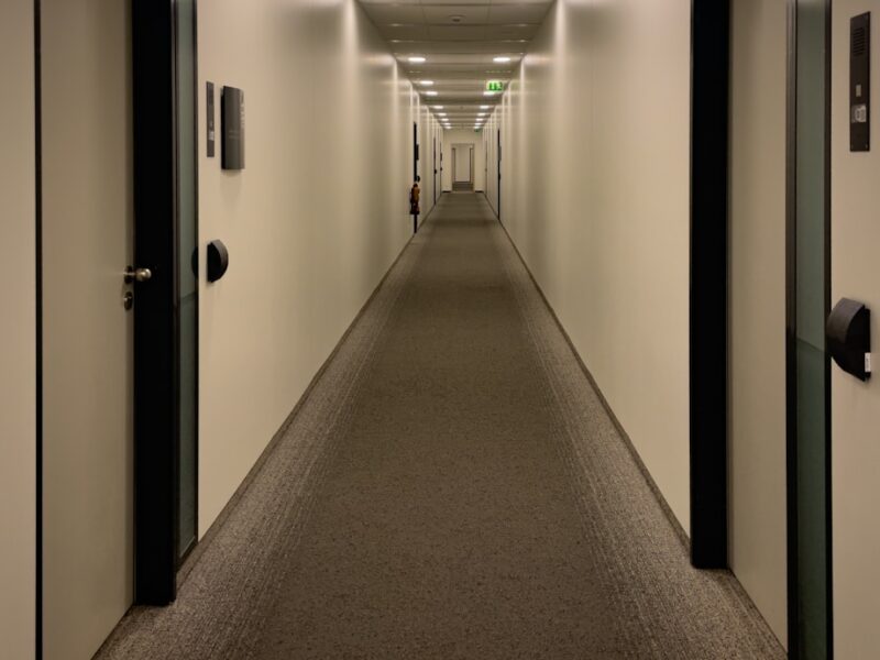 An empty hallway with doors stretches into the distance.