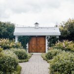 closed brown wooden door under cloudy sky during daytime