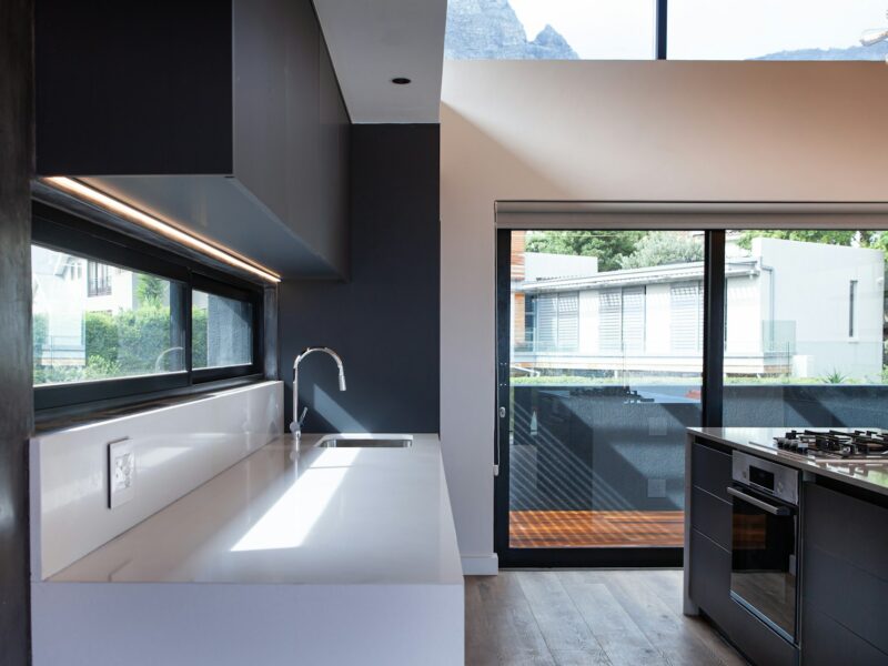 a kitchen with a large window